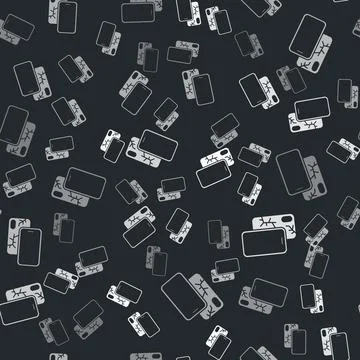 Grey Smartphone with broken screen icon isolated seamless pattern on black Stock Illustration