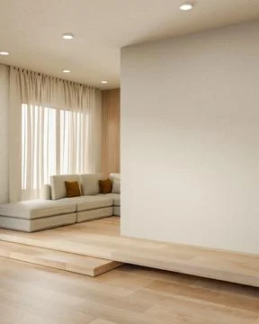 Grey sofa and window curtain in corner aside white wall on raised wooden fl.. Stock Illustration