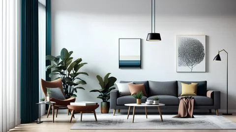 Grey sofa and wooden table in modern interior design with simple accessorie.. Stock Illustration