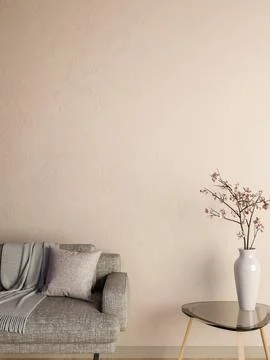 Grey sofa couch with cushion and blanket with flower vase on glass table wo.. Ilustración de archivo