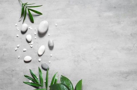 Grey spa background, spa concept, palm leaves and grey stones. Stock Photos