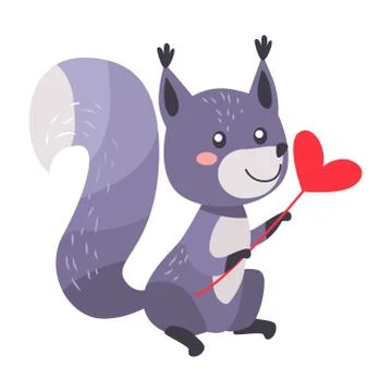Grey Squirrel with Heart on Stick Isolated White Stock Illustration