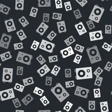 Grey Stereo speaker icon isolated seamless pattern on black background. Sou.. Stock Illustration