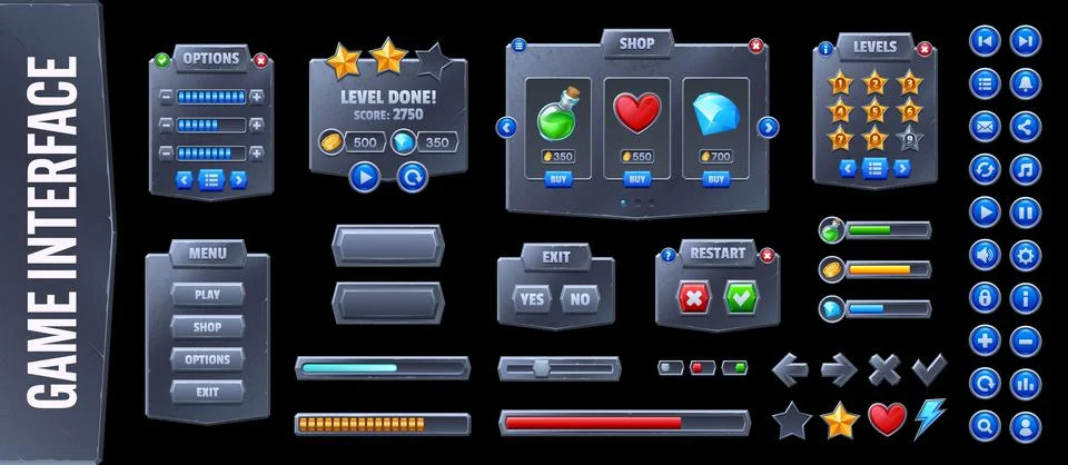Grey stone game UI interface buttons level windows Stock Illustration