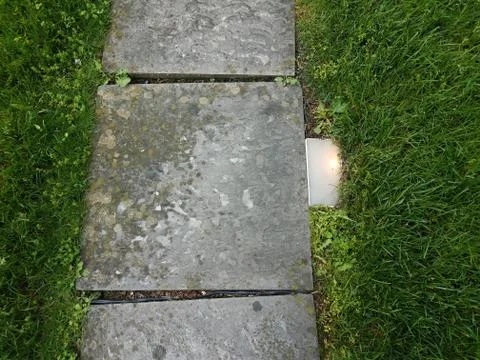 Grey stone tile with light and lichen and green grass Stock Photos