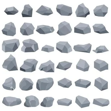 Grey stones vector set large collection of low poly rocks isolated on white. Stock Illustration