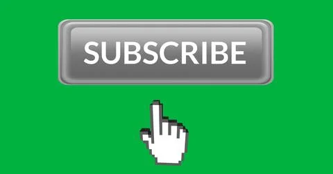 Grey subscription button with moving hand icon on green background in 4k. Stock Photos