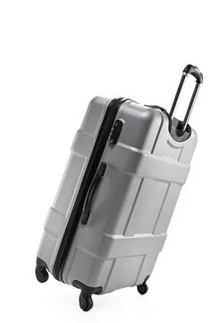 Grey suitcase plastic on two wheels Foto stock