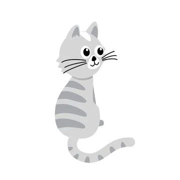 Grey tabby kitty sits with its back. Cat, kitten. Flat, cartoon, vector Stock Illustration