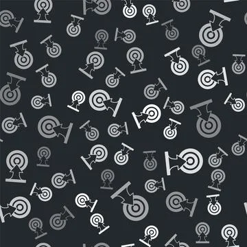 Grey Target with arrow icon isolated seamless pattern on black background. Dart Illustrazione stock