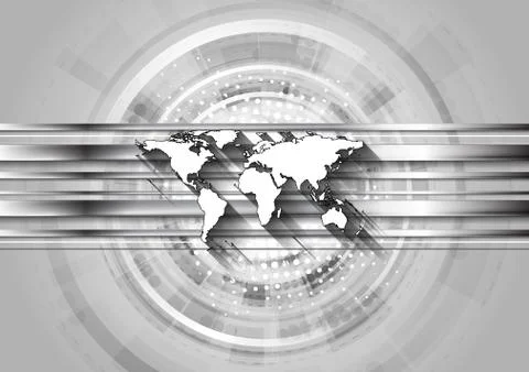 Grey technology background with world map Stock Illustration