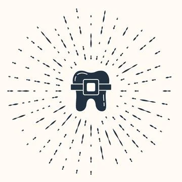 Grey Teeth with braces icon isolated on beige background. Alignment of bite of Stock Illustration