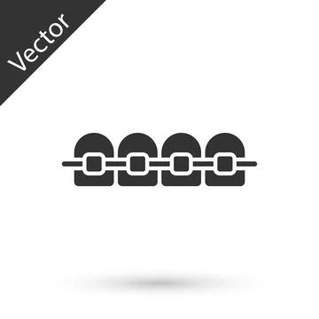 Grey Teeth with braces icon isolated on white background. Alignment of bite of Stock Illustration