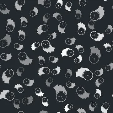 Grey Time Management icon isolated seamless pattern on black background. Clock Stock Illustration