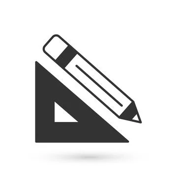 Grey Triangular ruler and pencil icon isolated on white background. Straightedge Stock Illustration
