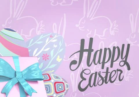 Grey type and pink gift and purple eggs against purple easter pattern 스톡 일러스트