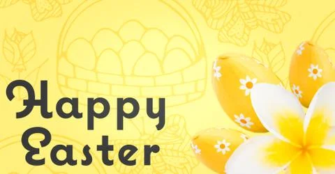 Grey type and yellow flower and eggs against yellow easter pattern Stock Illustration