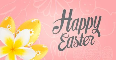 Grey type and yellow flower and eggs against pink easter pattern Stock Illustration