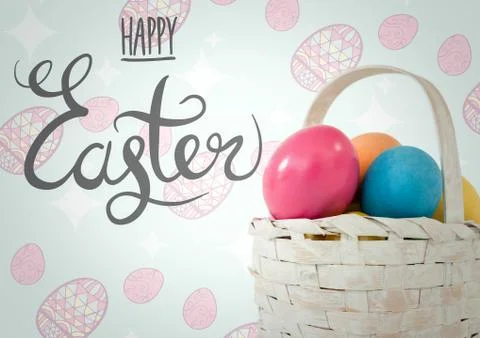Grey type with basket of eggs against blue and pink easter pattern Stock Illustration