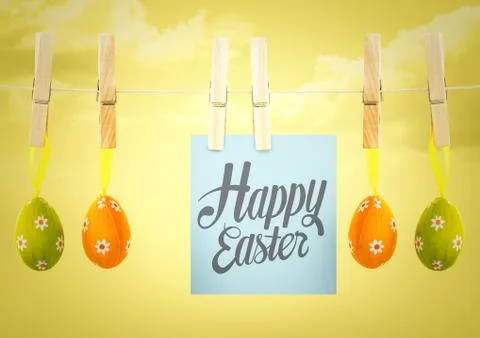 Grey type on note on washing line with eggs against yellow sky Stock Illustration