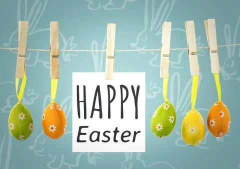 Grey type on note on washing line with eggs against blue easter pattern Stock Photos