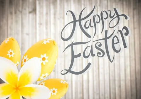 Grey type with yellow flower and eggs type against blurry wood panel Stock Illustration