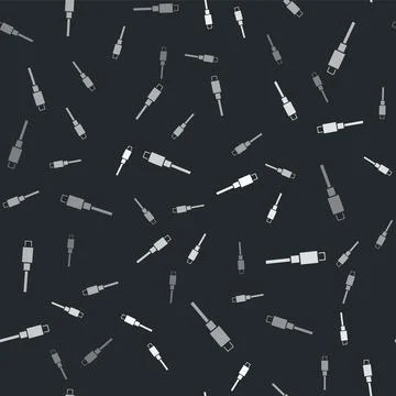 Grey USB cable cord icon isolated seamless pattern on black background Illustrazione stock