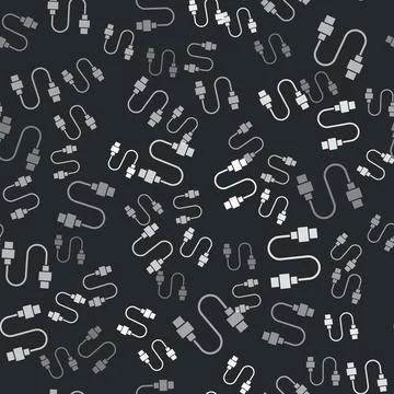 Grey USB cable cord icon isolated seamless pattern on black background Stock Illustration