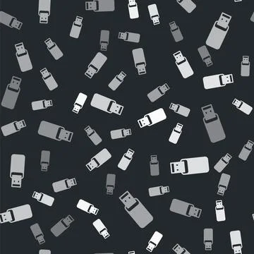 Grey USB flash drive icon isolated seamless pattern on black background. Vector 스톡 일러스트