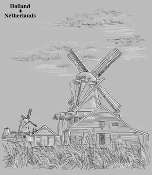 Grey vector hand drawing Holland 3 Stock Illustration