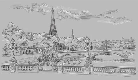 Grey vector hand drawing Paris, part 8 Stock Illustration