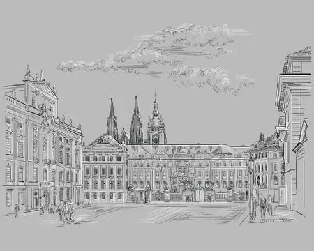 Grey vector hand drawing Prague, part 1 Stock Illustration