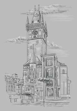 Grey vector hand drawing Prague, part 6 Stock Illustration