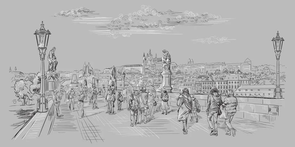 Grey vector hand drawing Prague, part 7 Stock Illustration