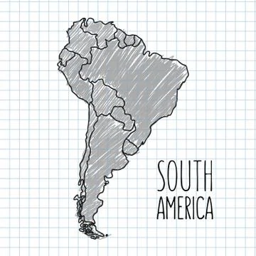 Grey vector pen hand drawn South America map on paper illustration Stock Illustration