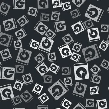 Grey Vinyl player with a vinyl disk icon isolated seamless pattern on black Stock Illustration