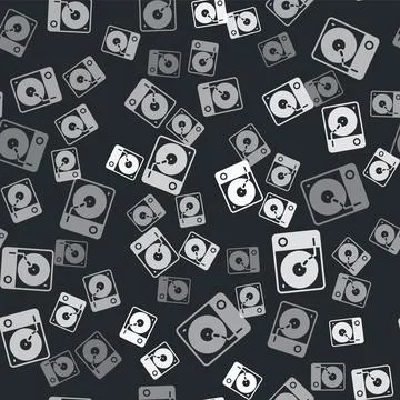 Grey Vinyl player with a vinyl disk icon isolated seamless pattern on black.. Stock Illustration