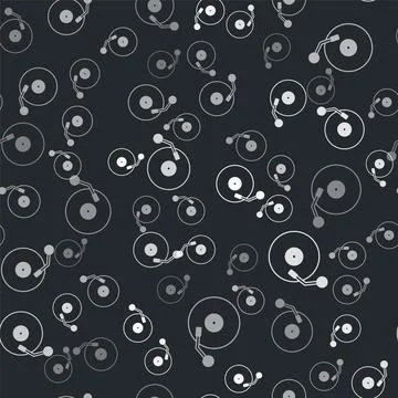 Grey Vinyl player with a vinyl disk icon isolated seamless pattern on black.. Stockillustratie