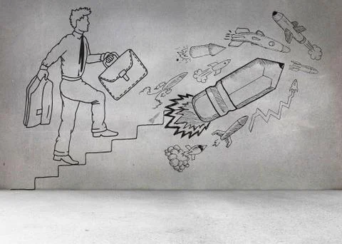 Grey wall with comic man and pencil rocket Illustrazione stock