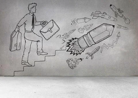 Grey wall with comic man and pencil rocket Illustrazione stock
