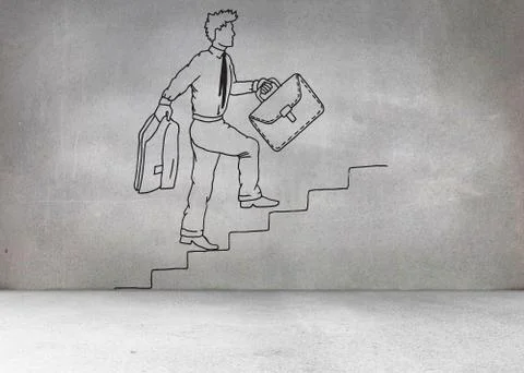 Grey wall with comic man climbing stairs Stock Illustration