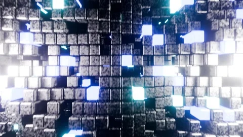 Grey wall with cubes with cyan and blue neon lights VJ seamless loop background Stock Footage 338066330