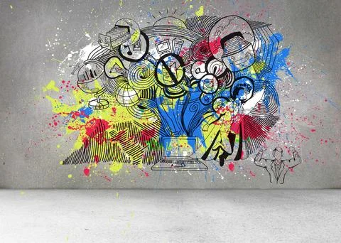 Grey wall with illustrations and splashes Foto stock