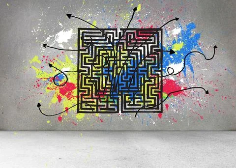 Grey wall with maze and splashes Illustrazione stock