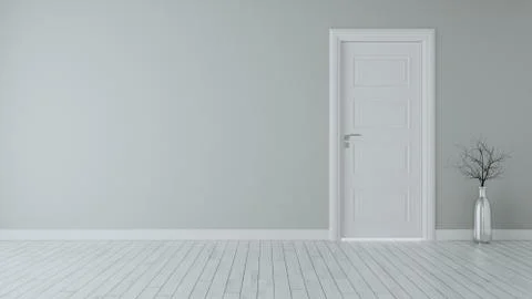 Grey wall with white closed door realistic 3D rendering Stock Illustration