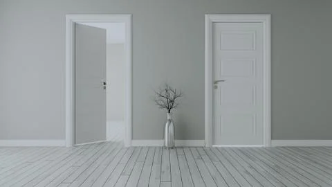 Grey wall with white opened door and closed door realistic 3D rendering Stock Illustration