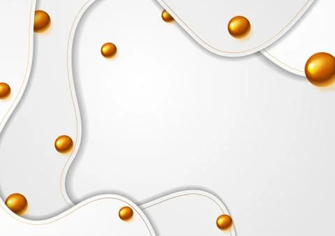 Grey wavy abstract background with bronze 3d glossy beads Stock Illustration