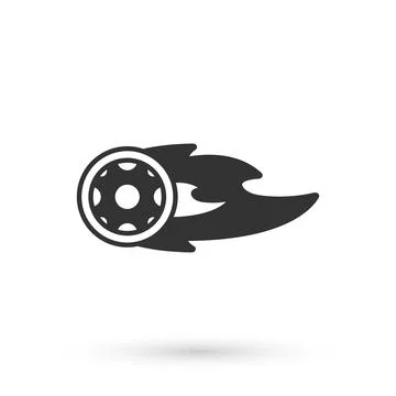 Grey Wheel in fire flame icon isolated on white background. Burning wheel Illustration
