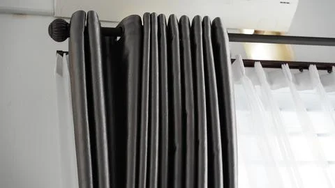 Grey window curtain, interior background 스톡 사진