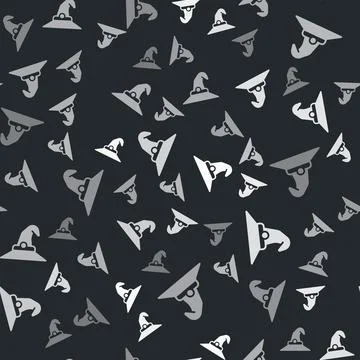 Grey Witch hat icon isolated seamless pattern on black background. Happy Ha.. Illustrazione stock